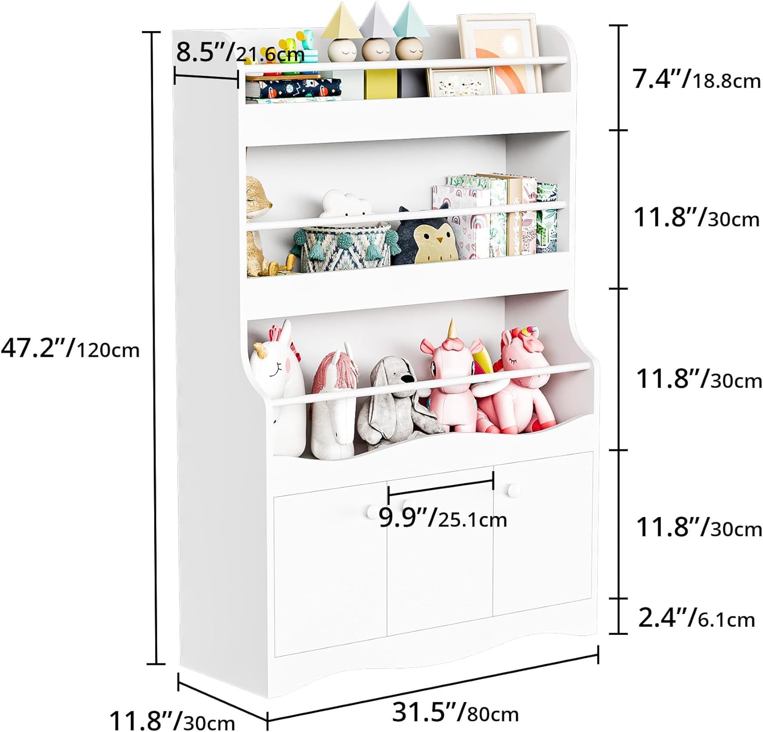 Cozy Castle 3 Tiers Kids Bookshelf, Multifunctional Book and Toy Storage Organizer, Wooden Kids Bookcase with Cabinet for Bedroom, Playroom, Nursery, White