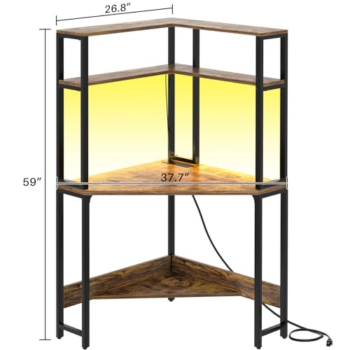 Cyclysio Mini Corner Desk with Hutch, Corner Gaming Desk with LED Light, Corner Computer Desk with Power Outlets, Triangle Corner Desk for Small Space, Home Office, Workstation, Brown