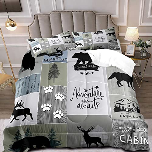 LUVIVIHOME 3PCS Rustic Cabin Bedding, Black Bear Comforter Set Queen Size, Country Lodge Farmhouse Forest Animal Wildlife Hunting Log Cabin Bedroom Decor, Green Plaid Patchwork Quilt, 2 Pillow Shams