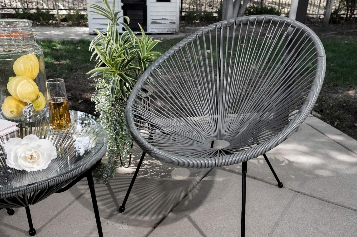 Barton 3 Pieces Acapulco Chair Set w/Glass Table Grey Outdoor Patio Furniture Wicker Rattan Modern Conversation Chat Seating