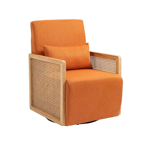 Swivel Linen Fabric Accent Chair with Pillow and Tight Back, Mid Century Modern Deep Seat Upholstered Armchair with Rattan Arms, for Living Room Bedroom Home Office, Rose Red