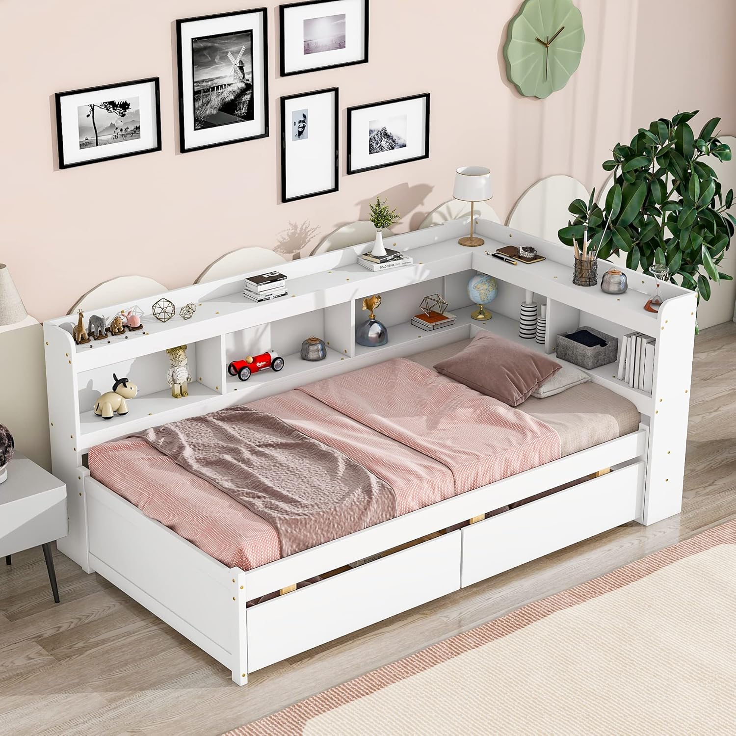 Twin Size L-Shaped Corner Daybed with Bookcase Headboard, Wooden Storage Platform Bed with 2 Drawers for Kids Adults, No Box Spring Needed, Bedroom/Living Room Furniture, White