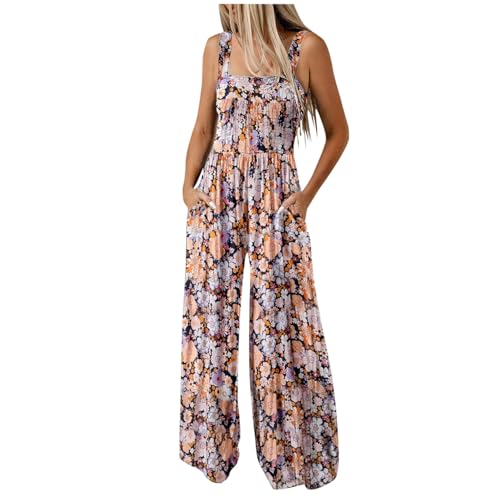 Womens Sleeveless Overalls Jumpsuits Casual Loose One Piece Printed Wide Leg Long Pant Rompers with Pockets