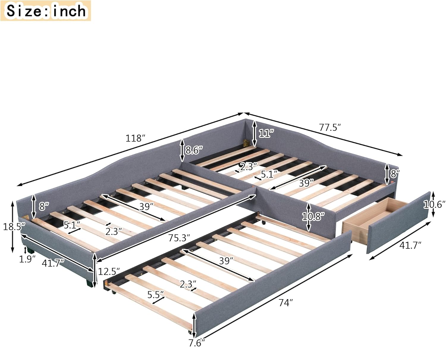 Bellemave L-Shape Platform Bed Twin Size Upholstered Daybed with Trundle and Storage Drawer Linen Corner Day Bed Frame for 3 Kids Boys Girls Teens, Gray
