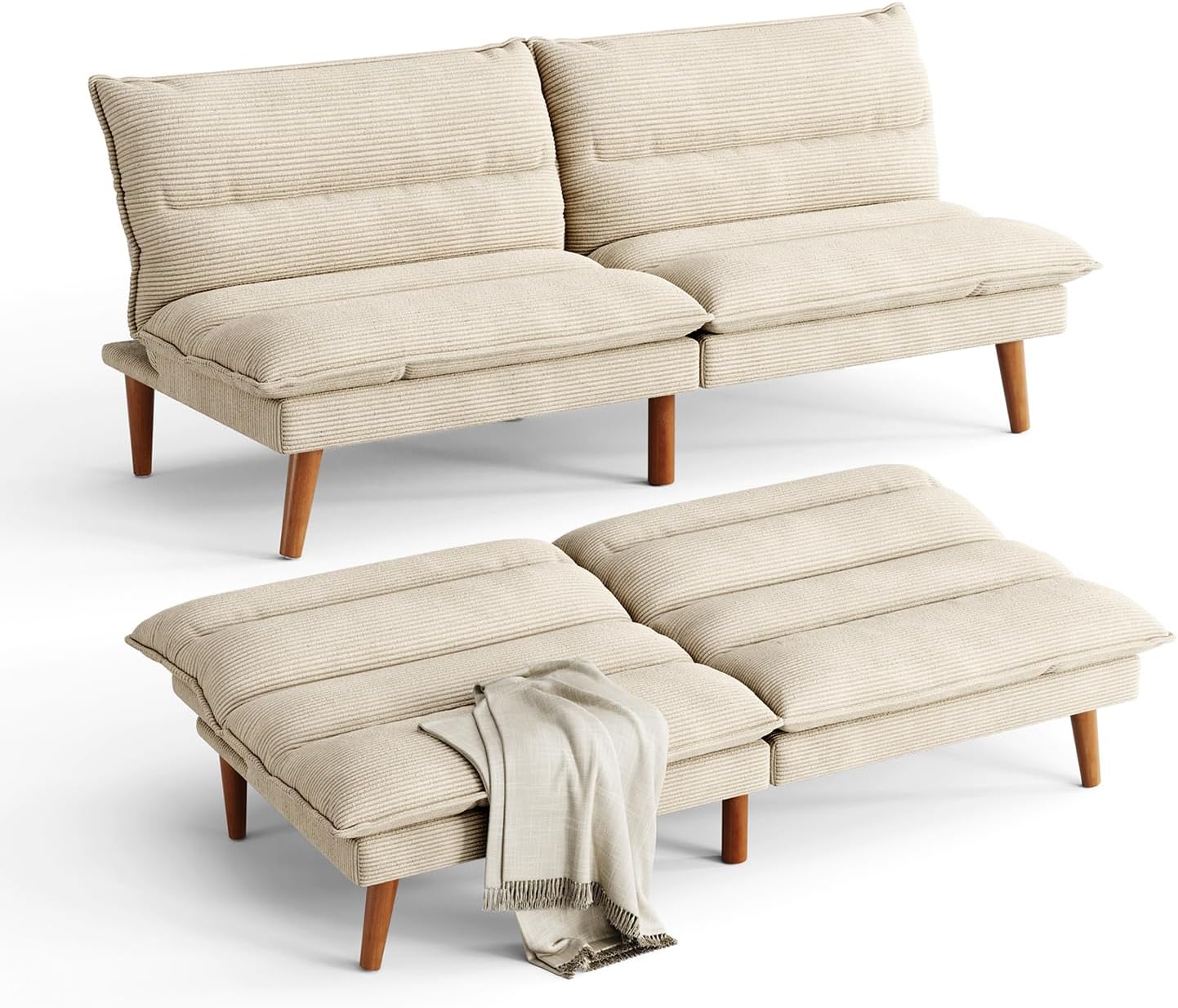 71‘’ Futon Couch Bed, Corduroy Convertible Futon, Recliner Sleeper Sofa, Adjustable Backrest, Small Futon Couch for Small Rooms, RV, Apartment, Beige