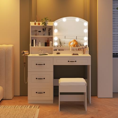 White Vanity Desk with Mirror,- Large Makeup Table Set with 4 Drawers Lots Storage ，3 Color Lighting Modes with Adjustable Brightness