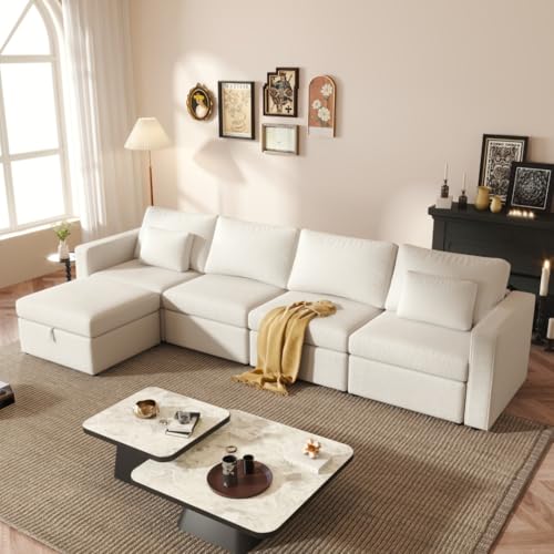 100'' Modular Sectional Sofa Modern Sectional Couch with Storage Ottoman, Comfy Oversized Deep Seat Sofa Couches for Living Room, Modern 3 Seats Convertible Sleeper Sectional Sofa, White