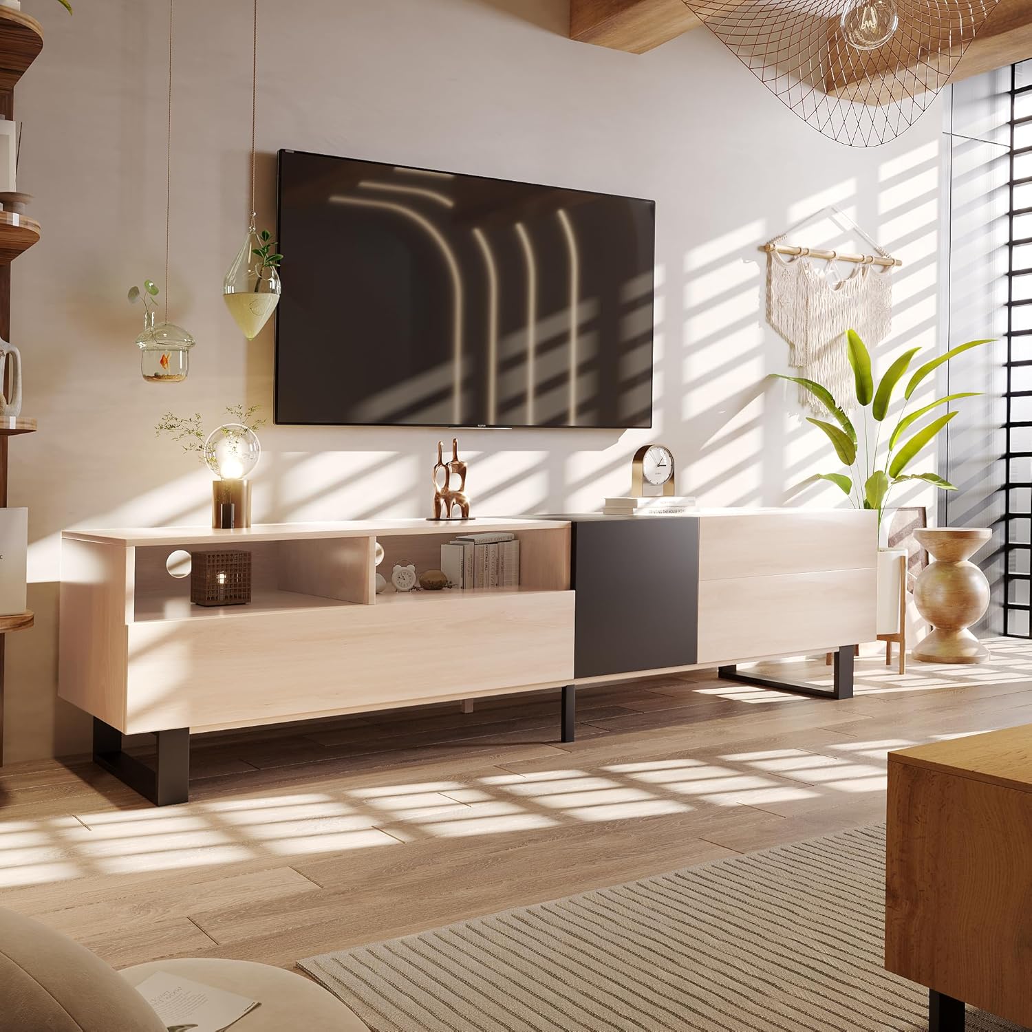 CITYLIGHT High Glossy TV Stand for 80'' TV with Storage, Media Console Table, Entertainment Center with Drop Down Door for Living Room, Bedroom, Home Theatre, Natural