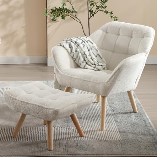 ZSARTS Beige Accent Chair with Ottoman, Modern Velvet Gold Armchair for Living Room Upholstered Wingback Chair Reading Chair with Footrest for Bedroom Small Space,Beige…