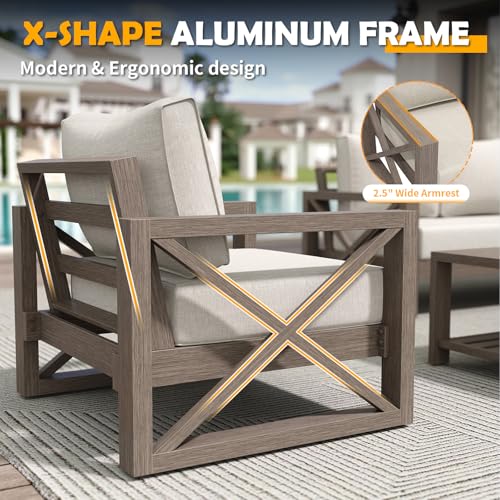 Amopatio Aluminum Patio Furniture Set, 6 Pieces Modern Metal Outdoor Furniture, Faux Wood Grain Finish Frame Patio Sofa Sets with 6.5