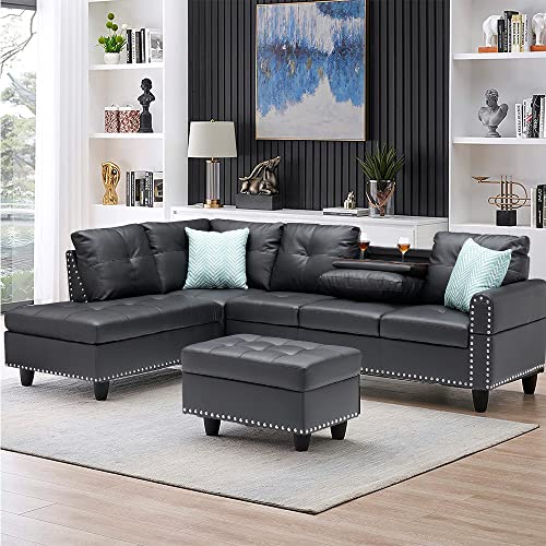 Living Room Furniture, L-Shape Chaise Lounge & Storage Ottoman,Linen Couches,3-Piece Sectional Sofa Set for Small Space Apartments-Grey (Right Hand Facing)