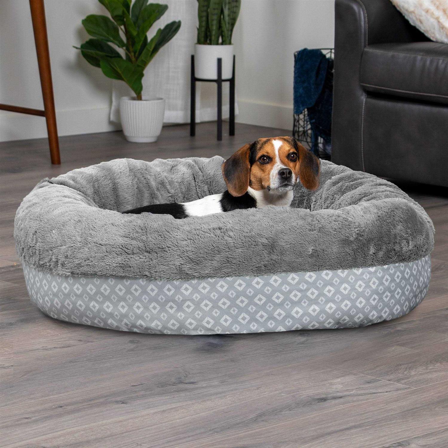 FurHaven Plush & Diamond Print Calming Donut Pet Bed for Dogs & Cats - Pet Supplies online store