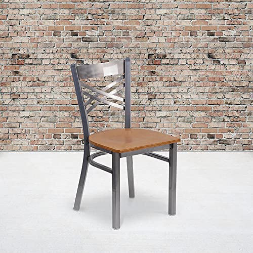 Flash Furniture 2 Pk. HERCULES Series Clear Coated ''X'' Back Metal Restaurant Chair - Natural Wood Seat