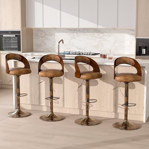 VECELO Bar Stool Set of 4, Kitchen Island Stools with Bentwood Back,Arm&Footrest, PU Leather Cushion Seat Adjustable Height 360° Swivel Barstools for Club Pub,Kitchen Dining Room,White