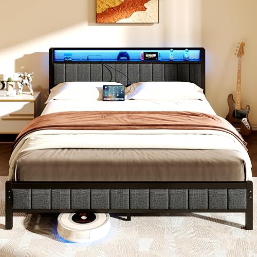 Queen Bed Frame with Storage Headboard and Footboard, Metal Platform Upholstered Bed Frame Queen Size with Charging Station, USB Ports and RGB LED Lights, No Box Spring Needed, Gray Queen Bed