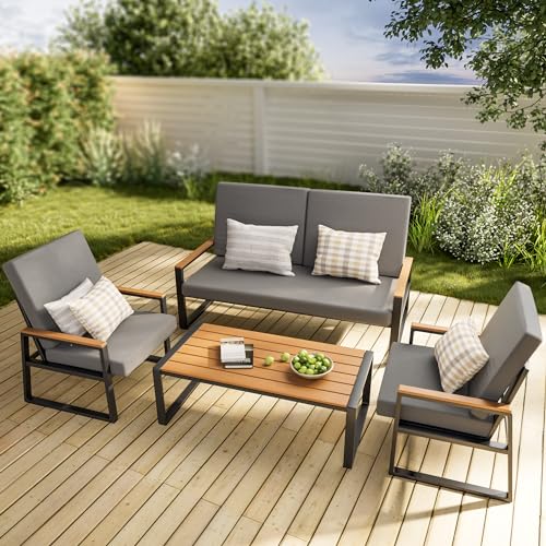 Gizoon 4-Piece Outdoor Patio Furniture Sets, Patio Conversation Set with Removable Seating Cushion, Courtyard Patio Set for Home, Yard, Poolside (Grey)