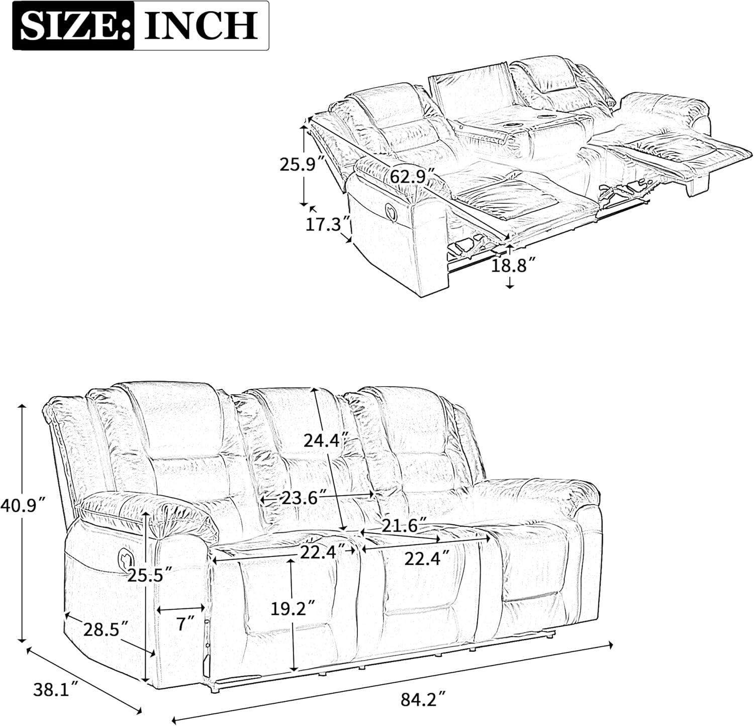 3 Seater Home Theater Recliner Manual Recliner Chair with Two Built-in Cup Holders for Living Room,Bedroom, Grey