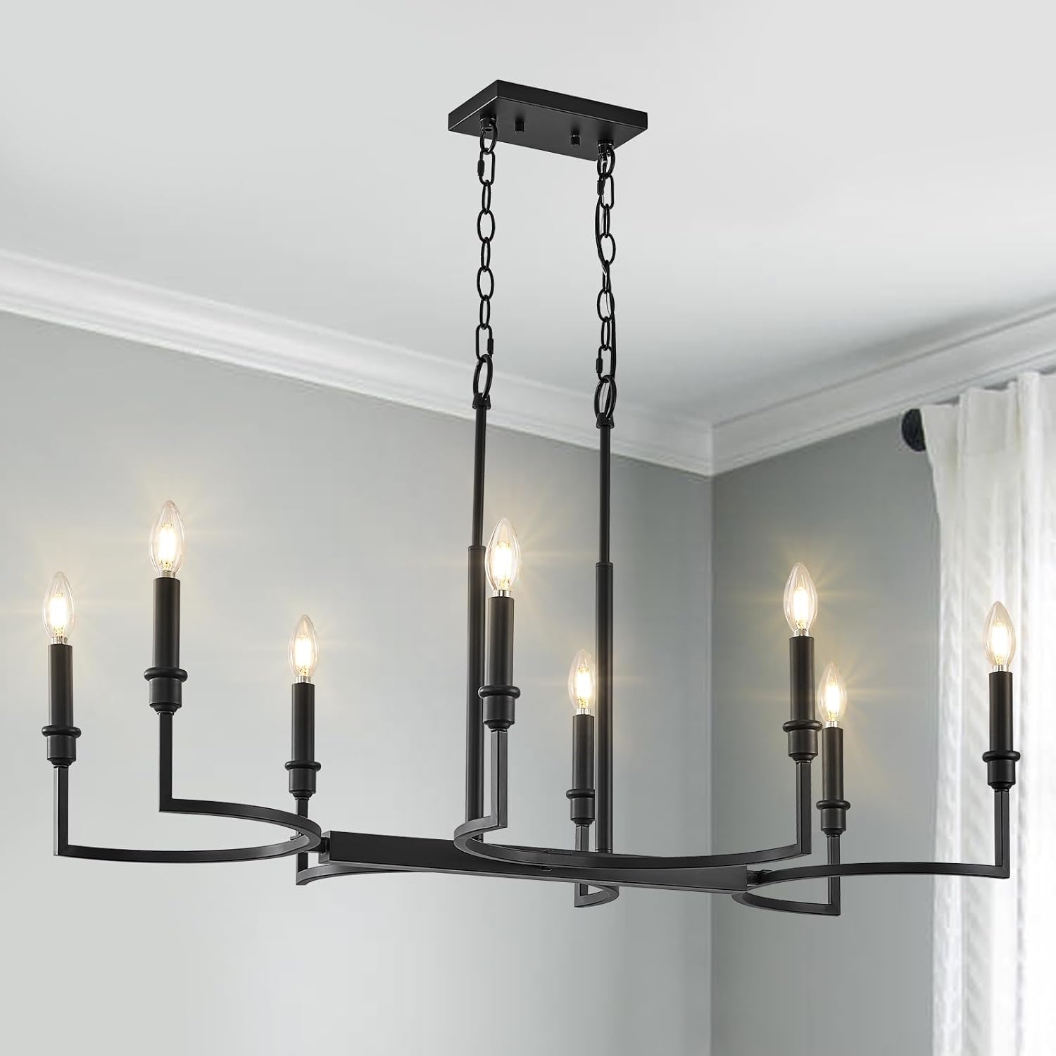 Dining Room Chandelier Over Table, 8-Light Black Kitchen Island Lighting Metal Candle Chandelier Light Fixture Retro Black Island Light Farmhouse 37in
