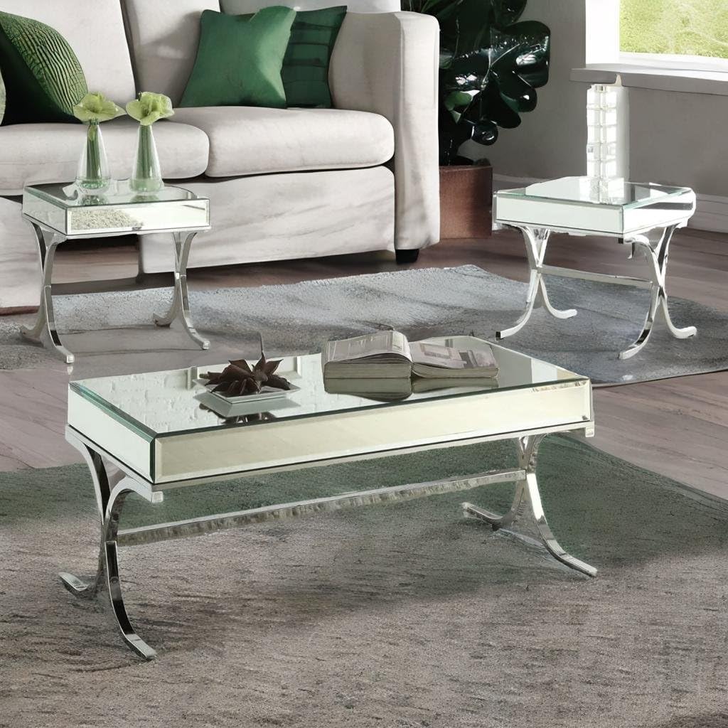 CasaFoyerYURI Modern Coffee Table Set, Mirror Top, 3 PCS Chrome Silver Glass Top Coffee Table Set for Living Room