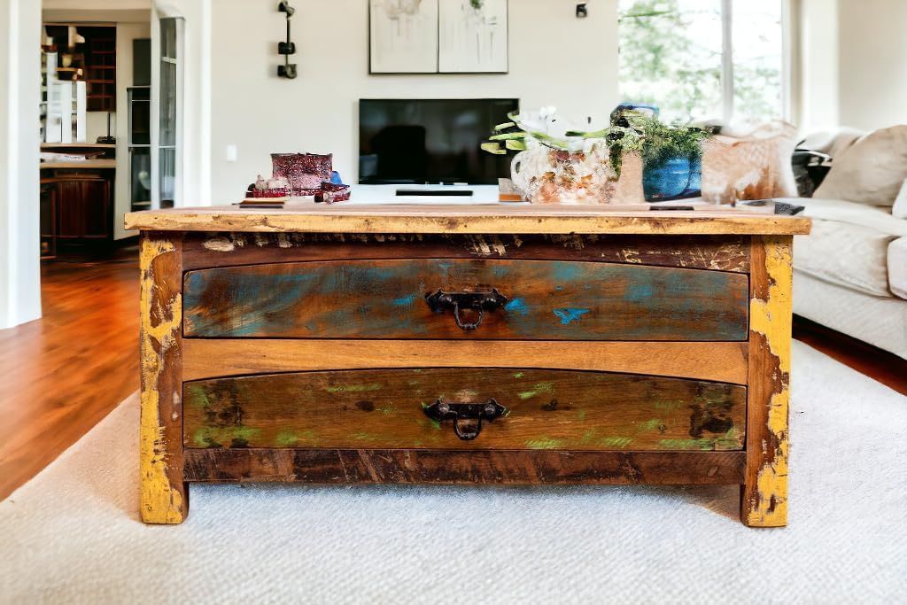 Sundara Furnishings Handcrafted Solid Reclaimed Wood Coffee Table with Two Drawers and Hidden Trunk Storage Rustic Square Center Table for Living Room, Office