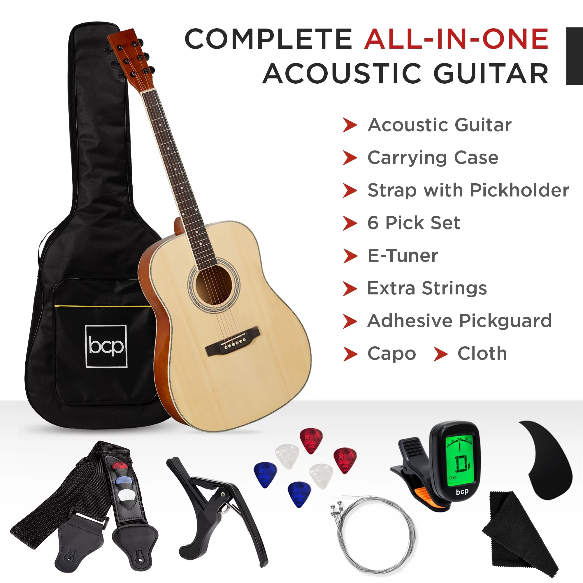 Best Choice Products 41in Full Size All-Wood Acoustic Guitar Starter Kit w/Gig Bag, E-Tuner, Pick, Strap, Rag - Natural