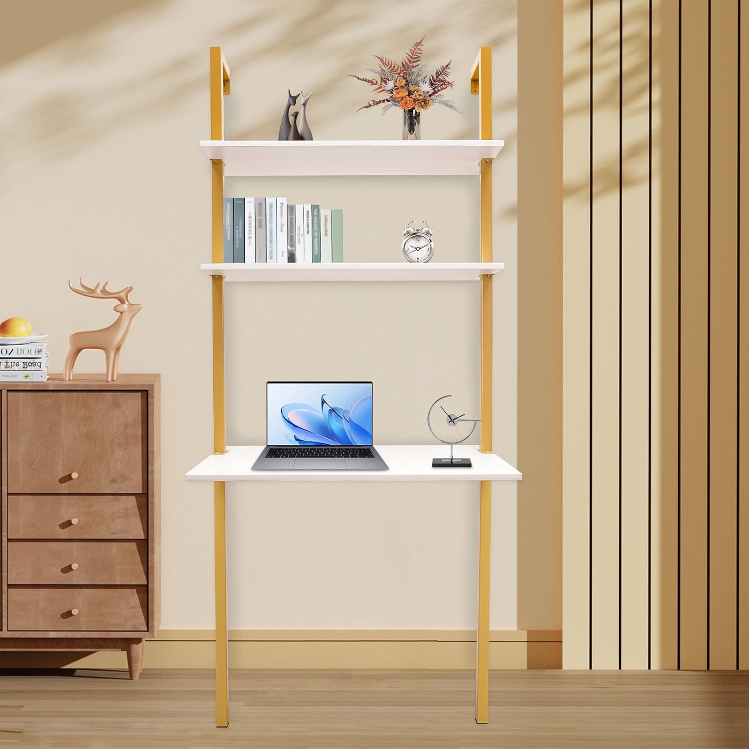 Wall Desk, 3 Tier Ladder Computer Desk, Industrial Desk with Shelves and Power Strip, Wall Mounted Table Shelf Floating Table(20