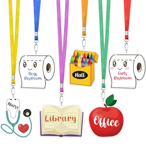 6 Sets Acrylic Hall Pass Lanyards Unbreakable School Passes Set for Teachers Cute Classroom Passes for Bathroom, Library, Office and Nurse Classroom School Supplies Gifts (Cute)