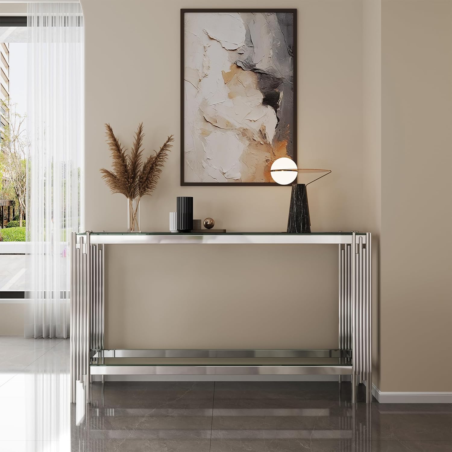 2-Tier Tempered Glass Console Table with Storage Shelf for Apartment Living Room, Modern Rectangle Silver Mirror Finished Stainless Steel Console Table