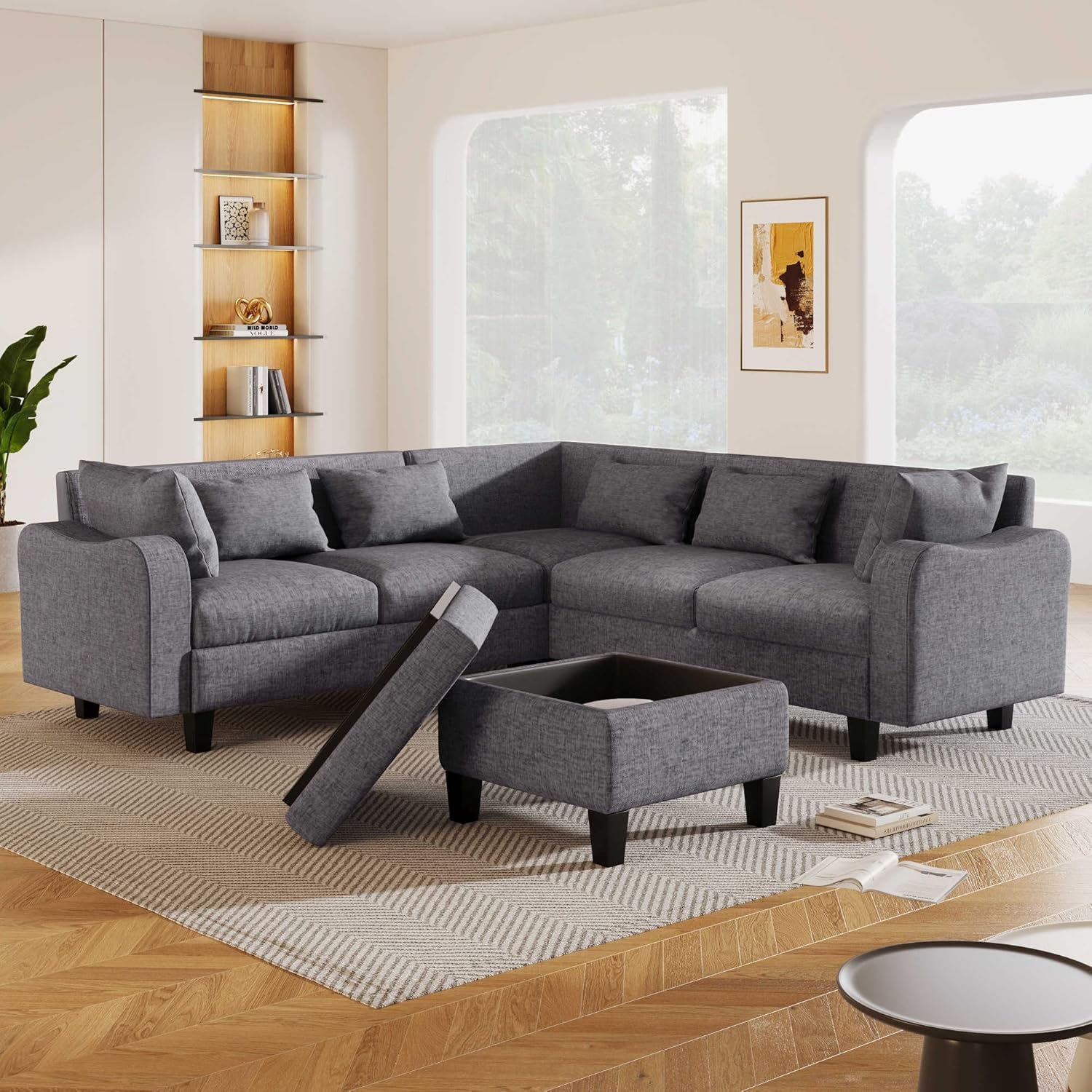 87-Inch Modern Sectional Sofa Set with Storage Ottoman & Coffee Table - 6-Seater Living Room Furniture, Ergonomic Design, Durable Wood Frame, Comfortable & Stylish Couches for Afternoon Tea