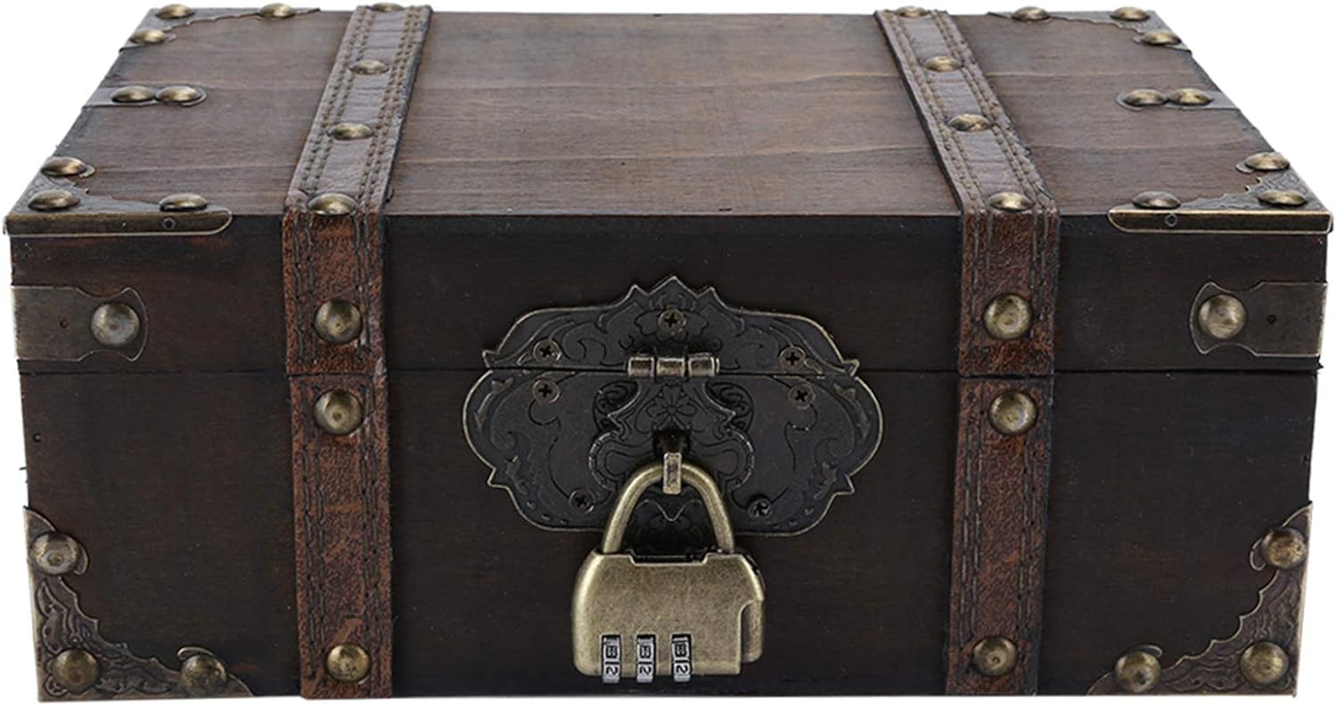 Ejoyous Treasure Chest, Vintage Wooden Box Decorative Treasure Jewelry Collection Storage Boxes with Lock and Lid for Home Decoration (6282-2302GK10-Retro Desktop Storage)
