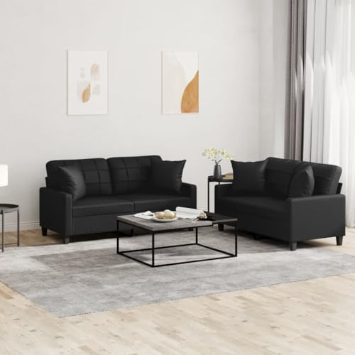 2 Piece Sofa Set with Pillows Black Faux Leather,Luxurious Black Faux Leather Sofa Set with Throw Pillows and Cushions for Living Room Sofas & Couches for Living Room
