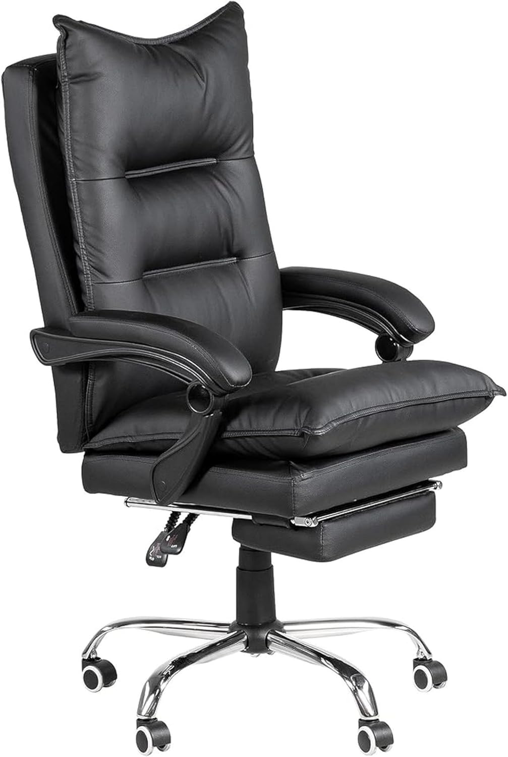 Benjara Elin 46 Inch Office Chair Recliner, Footrest, Faux Leather, Wheels, Black and Chrome