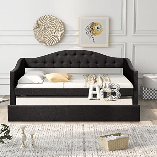 Flieks Twin Upholstered Daybed, Linen Fabric Upholstered Tufted Sofa Bed with Trundle, Sofa Bed Trundle Daybed with Wood Frame，Dark Gray