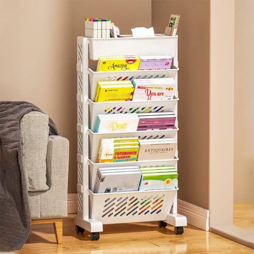 6 Tier Rolling Bookshelf, Utility Book Rack Organizer Bookshelves, Mobile Bookshelf with Wheels, Storage Book Cart for Kids Children Students Study in Bedroom Living Room Home School, White