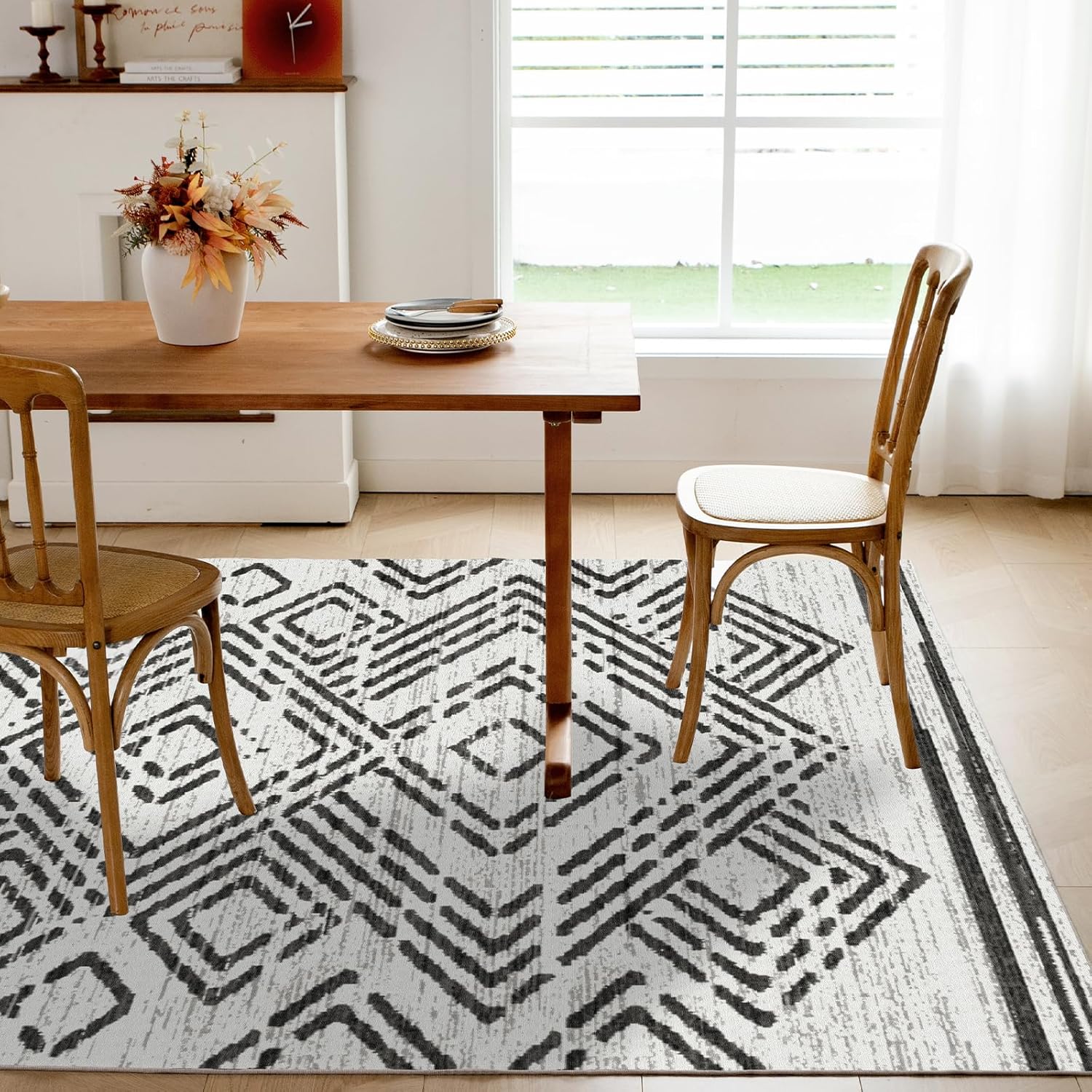 Boho Area Rug, Non Shedding 6x9 Washable Rug with Non Slip Backing, White and Black Modern Geometric Carpet, Indoor Bohemian Rug for Living Room Entryway Bedroom Kitchen - White, Black