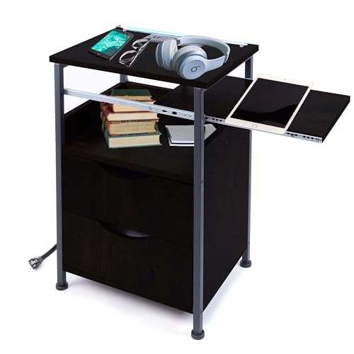 Three Way Cut Nightstand with Charging Station, USB Type C Ports, Power Outlets, 2 Storage Drawers, Bedside Night Stand Charger Station for Bedroom Sofa Bed Living Room -Black