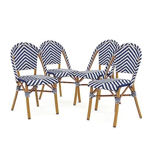 24/7 Shop at Home Analicia French Aluminum and All-Weather Wicker Side Chair for Outdoor Kitchen, Garden, Yard, Poolside, Set of 1, Blue and Natural Brown