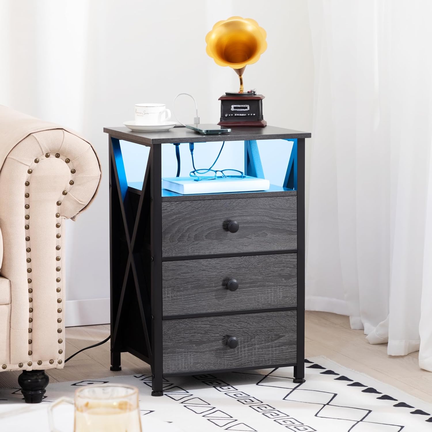 AMHANCIBLE LED Nightstand with Charging Station,C Shaped End Table