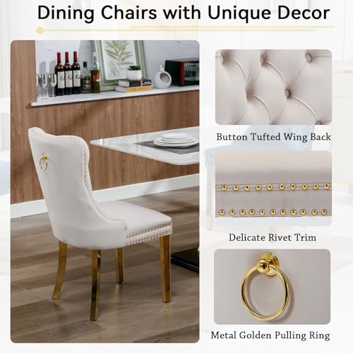 Henf White Marble Dining Table Set for 6, 7 Piece Modern Faux Marble Kitchen Dining Table and 6 Grey Velvet Upholstered Chairs w/Stainless Steel Legs, Luxury Gold Kitchen Dining Table and Chairs Set