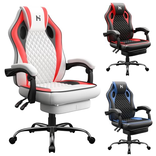 HLDIRECT Gaming Chair, PC Video Game Chair with PU Leather, Ergonomic Height & Angle Adjustable Gaming Chair with Footrest, 360°Swivel Computer Office Chair, Red