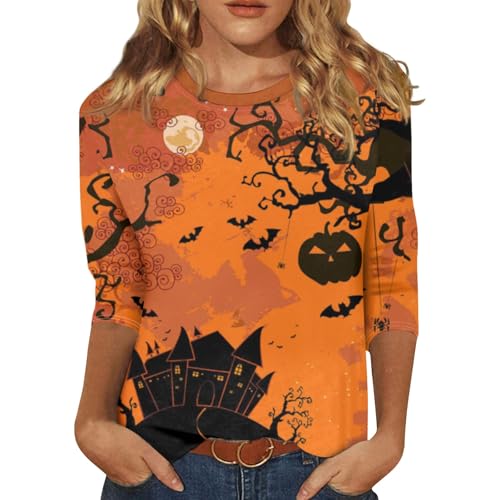 Womens Business Casual Tops Halloween Printed Fall Blouses Women Tops 3/4 Sleeve Slacking Crew Neck Tops for Women