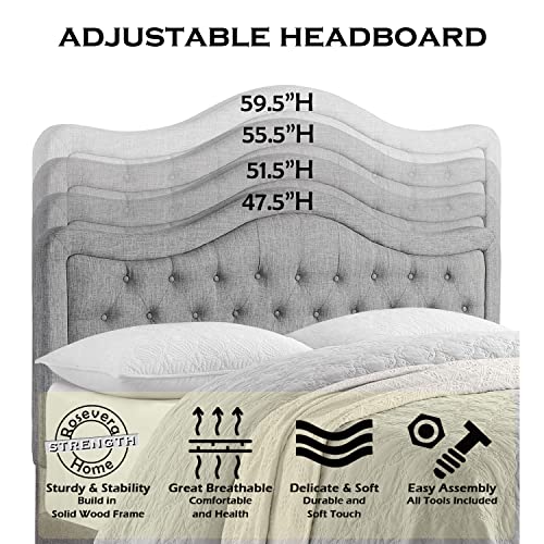 Rosevera Grayson Adjustable Headboard Bed with Fine Polyester and Button Tufting for Bedroom, Queen, Shadow