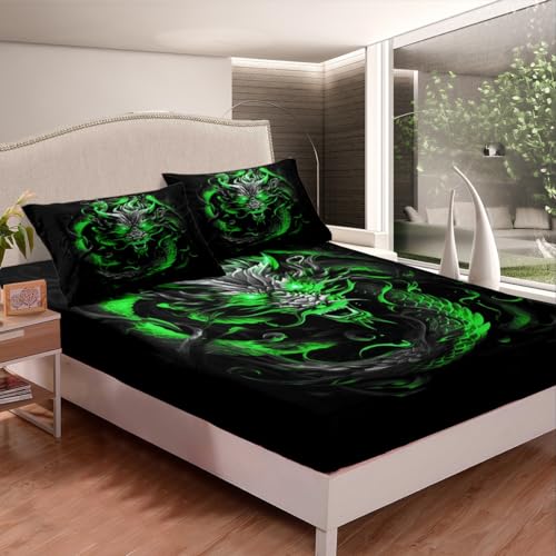 3D Dragon Fitted Sheet Full Size,Neon Green Flame Dragon Bed Sheets for Kids Boys Men Adult Bedroom Decor,Wildlife Animals Bedding Set Cool Magical Black Deep Pocket Sheet 3Pcs,2 Pillowcases