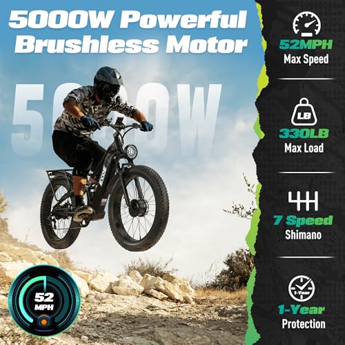 5000W Dual Motor Electric Bike for Adults 52MPH with 60V 32AH Battery, 26x4 Fat Tire All Terrain Ebikes, Full Suspension E Bike, SHM 7-Speed Gear Electric Bicycle(63v) (63V-3-1)