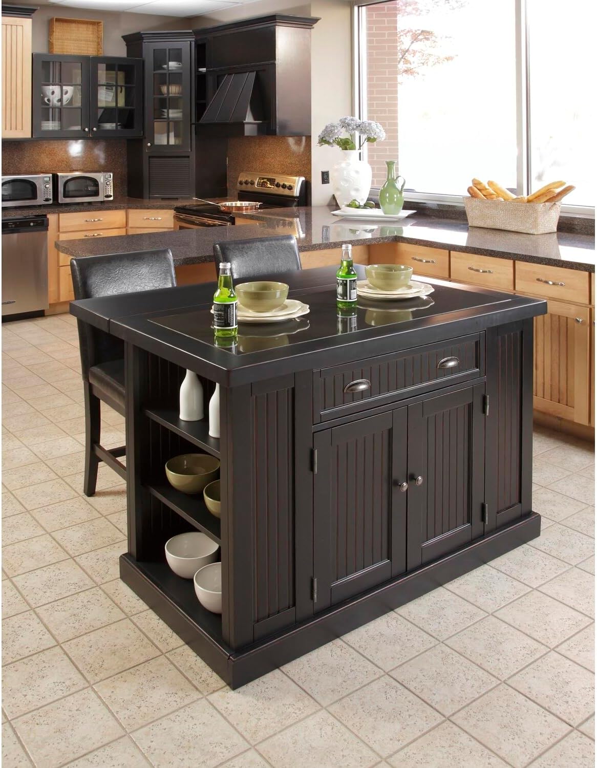 Home Styles Nantucket Black Kitchen Island with Stools, Black Granite Top, Single Drawer, Two Wood Panel Doors, Adjustable Shelves, Side Open Storage, and Drop-leaf