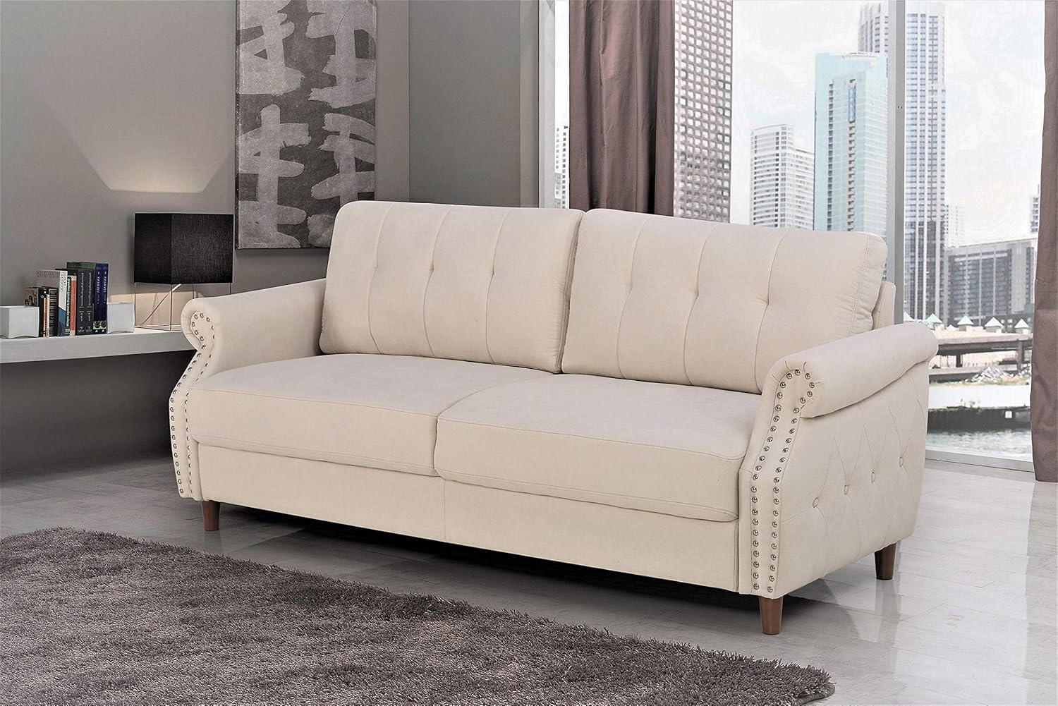 US Pride Furniture Linen Nailhead Trim Rolled Arm Sofas, Beige