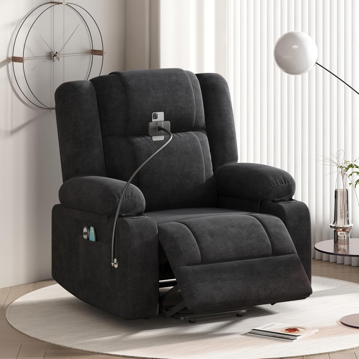 Overstuffed Wide, Large Power Lift Heat,Upgraded Vibration Massage Recliner Chair w/Phone Holder Side Pockets & USB Charge Port for Living Room, Black