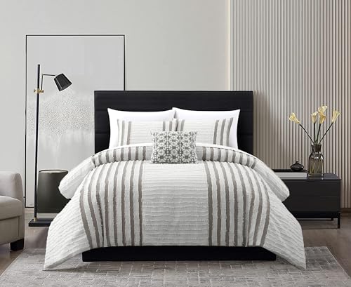 Chic Home Green Bed in a Bag Comforter Set, King Size (4 Pieces), Sofia - Organic Cotton Bedding with Striped Pattern Jacquard Design - Comforter, Pillow Shams and Decorative Pillow