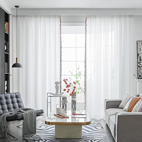 VisionaryHomeDesign White Sheer Curtains Pinch Pleated Sheers with lights Embroidered curtain Sheer for Living Room Bedroom (Set of 2) (45