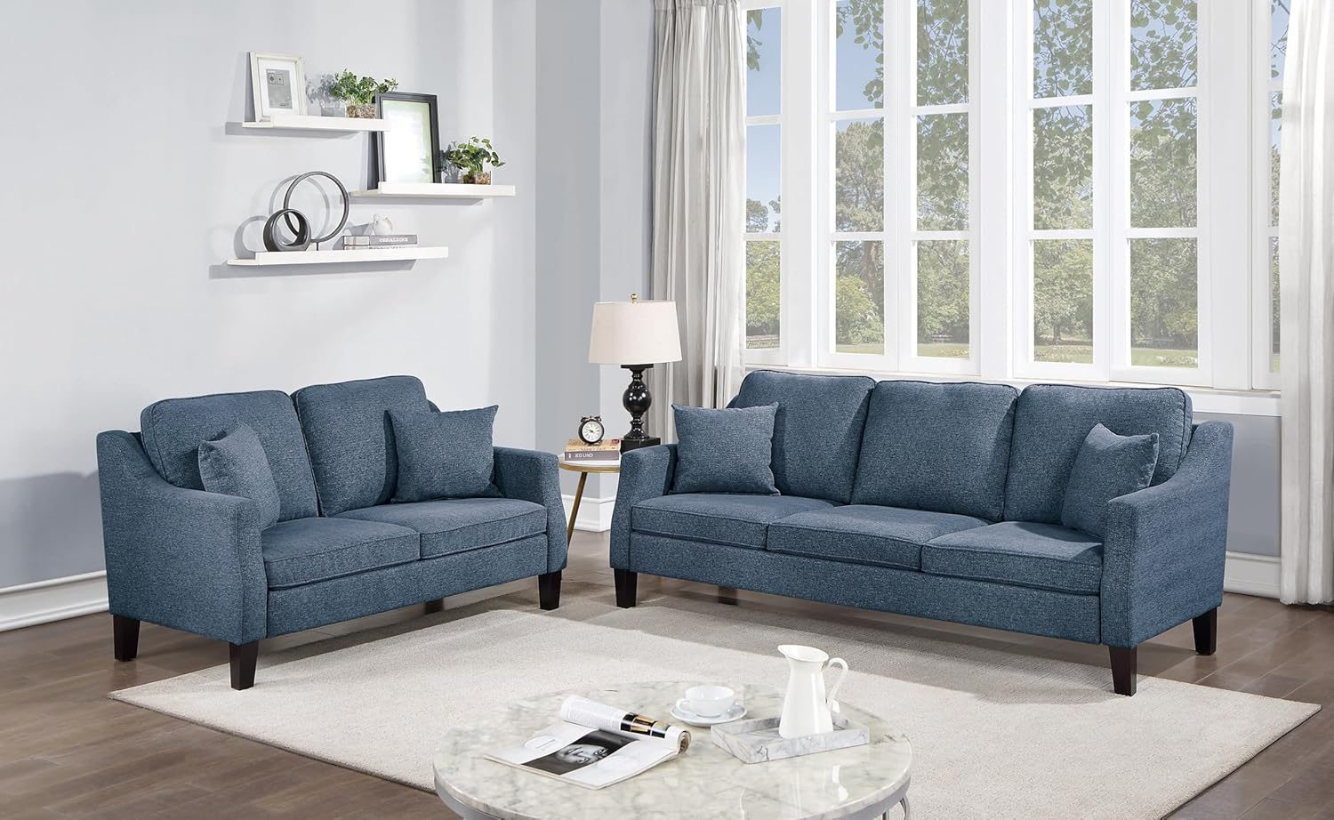 2pc Sofa Set Sofa and Loveseat Living Room Furniture Navy Blended Chenille Cushion Couch w Pillows